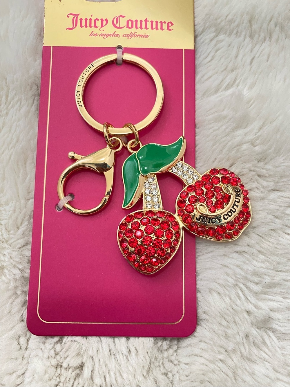 Juicy Couture Red Crystal Cherry Bag Charm Key Ring with Green Enamel Leaves
